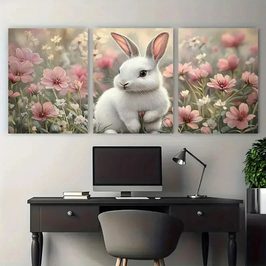 3pcs Charming White Bunny Spring Floral Design Metal Print Ready to Hang Art