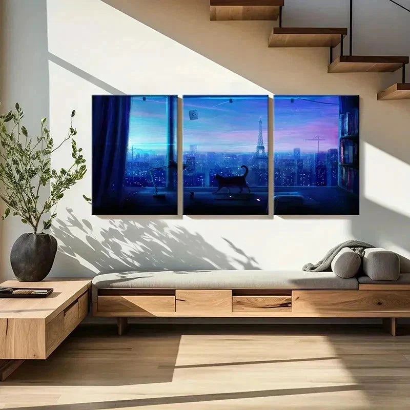 3pcs City Night Scene Tower & Cat Near Window Wall Art Canvas Unframed - High Quality Print 100% Australian Made Wall Canvas
