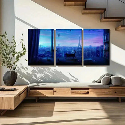 3pcs City Night Scene Tower & Cat Near Window Wall Art Canvas Unframed - High Quality Print 100% Australian Made Wall Canvas