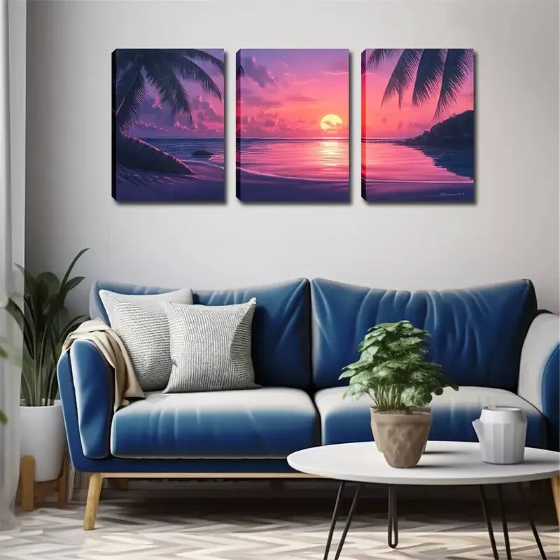 3pcs Triptych with Palm Trees & Ocean View Wall Art Set Canvas Framed 40x60cm - High Quality Print 100% Australian Made Wall Canvas Ready to Hang
