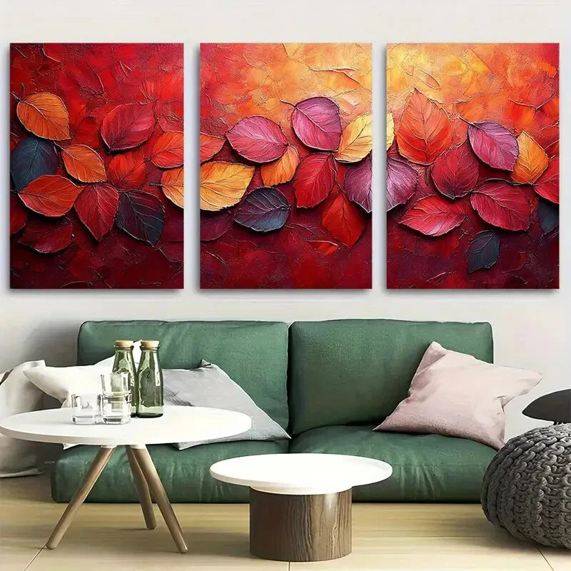 3pcs Abstract Fall Leaves Autumn Red Orange Metal Print Ready to Hang Art