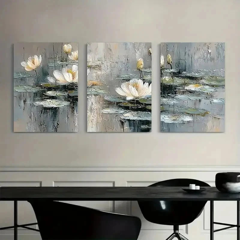 3pcs White for Lotus Pond with Soft Gray Tones Metal Print Ready to Hang Art
