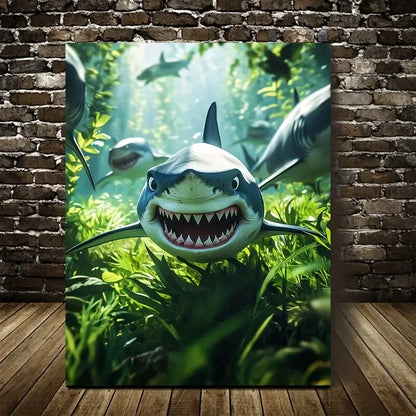 Cartoon Shark Chase Scene in Lush Green Painting 40x60cm Metal Print Ready to Hang