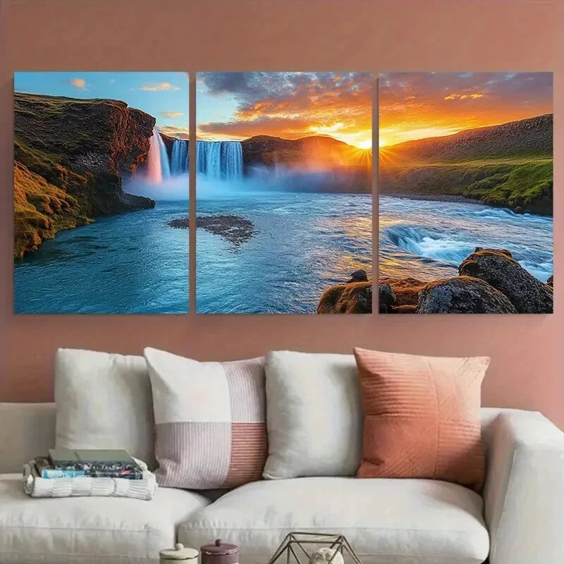 3pcs Serene Iceland Waterfall Godafoss at Sunset Metal Print Ready to Hang Art