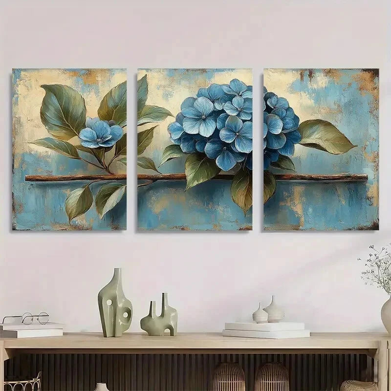 3pcs Vintage Rustic Hydrangea Floral Oil Painting Metal Print Ready to Hang Art