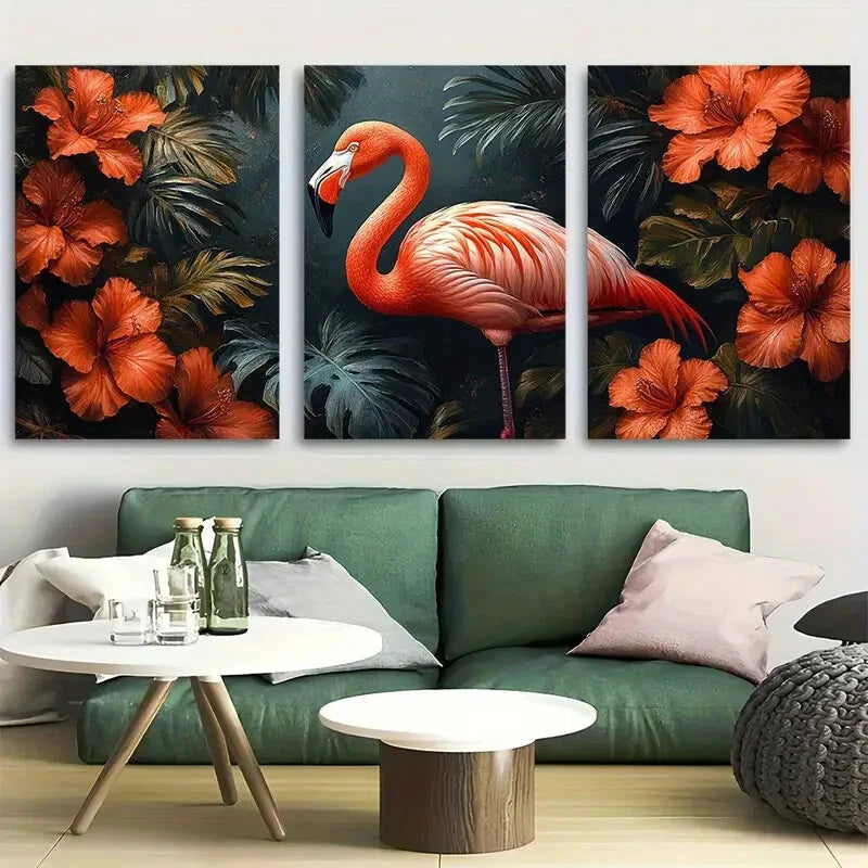3pcs Elegant Flamingo and Hibiscus Tropical Metal Print Ready to Hang Art