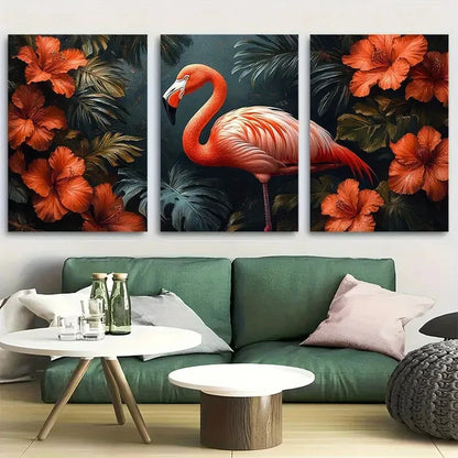 3pcs Elegant Flamingo and Hibiscus Tropical Metal Print Ready to Hang Art
