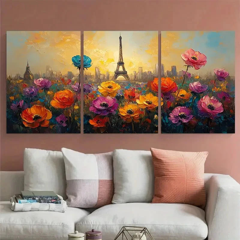 3pcs France Cityscape with Abstract Flowers Design Metal Print Ready to Hang Art