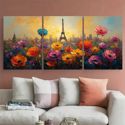 3pcs France Cityscape with Abstract Flowers Design Metal Print Ready to Hang Art