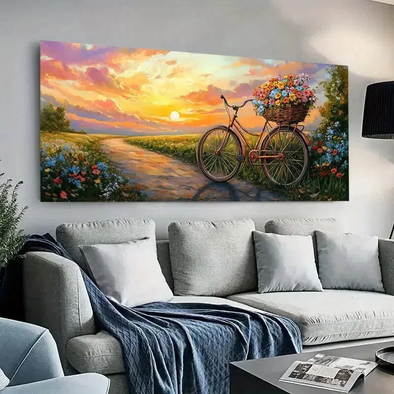 Bicycle with Flowers Path wall canvas office home room framed 120x60cm - Bella Home Decor