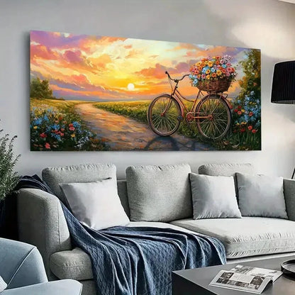 Bicycle with Flowers Path wall canvas office home room framed 120x60cm - Bella Home Decor
