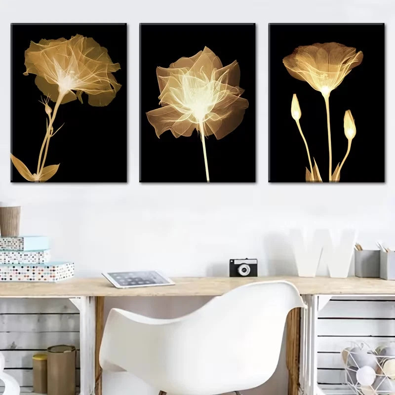 3pcs Vintage-Style Golden Floral Metal Print Ready to Hang Art
