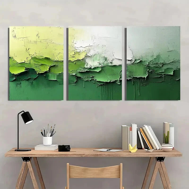 3pcs Abstract Painting Light Green and White Metal Print Ready to Hang Art