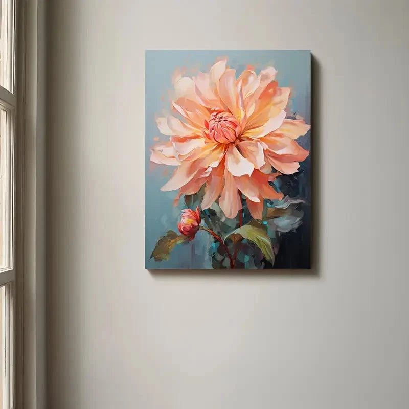 Painting of a large peach-colored flower on a light gray wall.