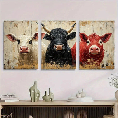 3pcs Highland Cow Donkey Pig Humorous Animal Metal Print Ready to Hang Art