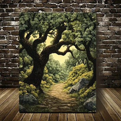 Flourishing Oak Forest Scene with Sunlit Pathway 40x60cm Metal Print Ready to Hang