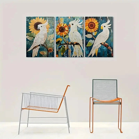 3pcs White Cockatoo with Sunflower Metal Print Ready to Hang Art