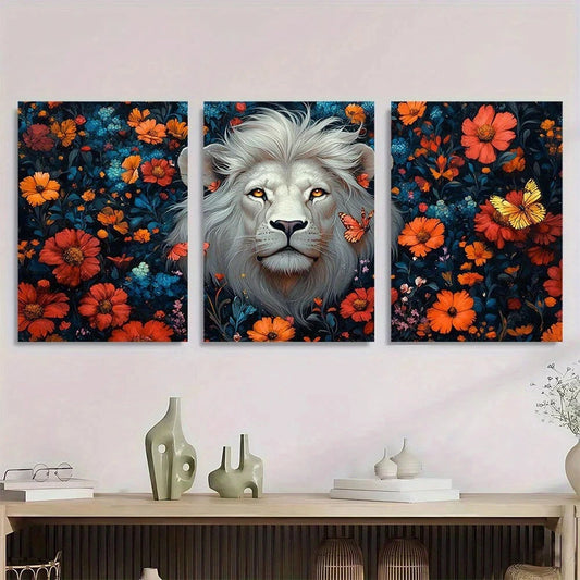 3pcs Majestic Lion Vibrant Floral & Butterfly Metal Print Ready to Hang Art