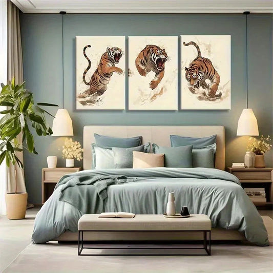 3pcs Dynamic Running Roaring Tiger Illustration Metal Print Ready to Hang Art