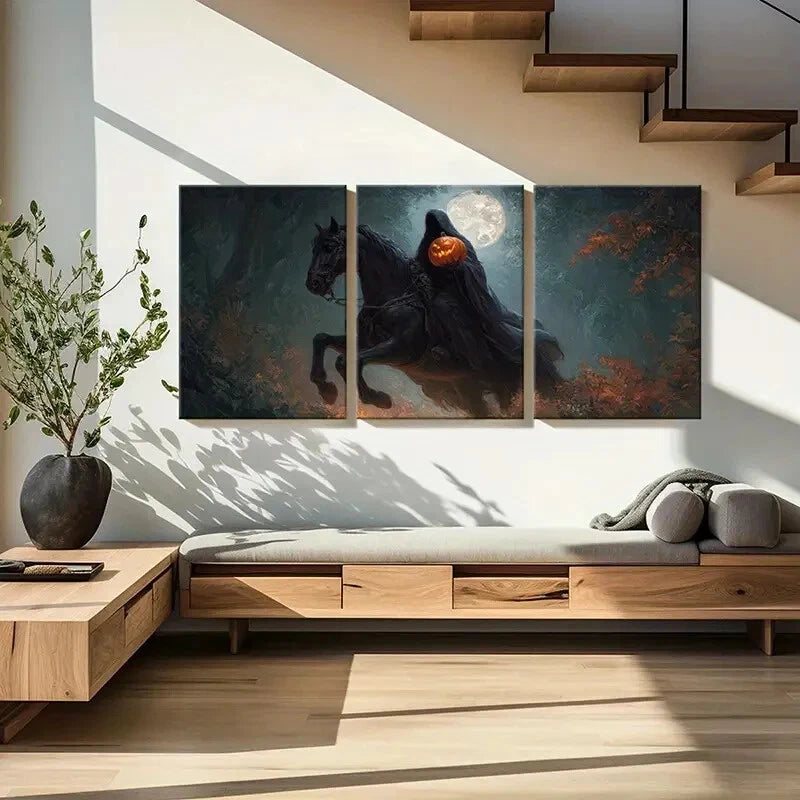 3pcs Pumpkin-Headed Horse Rider in Dark Forest Metal Print Ready to Hang Art