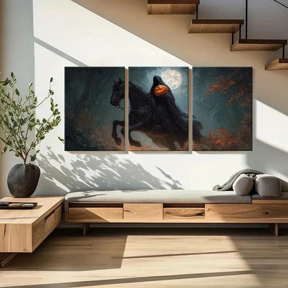 3pcs Pumpkin-Headed Horse Rider in Dark Forest Metal Print Ready to Hang Art