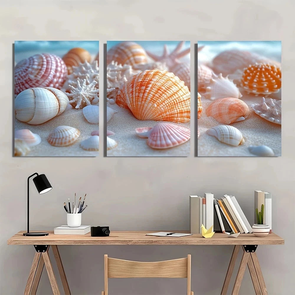 3pcs Coastal Shell Nautical Beach Scene Metal Print Ready to Hang Art