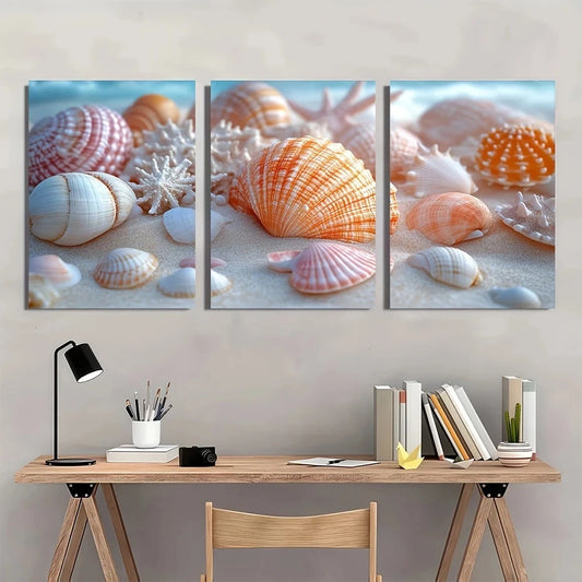 3pcs Coastal Shell Nautical Beach Scene Metal Print Ready to Hang Art