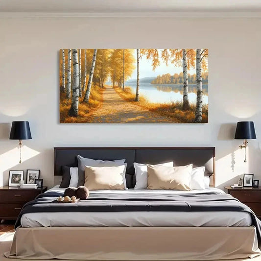 Autumn Lake & Birch Trees wall canvas office home room framed 120x60cm