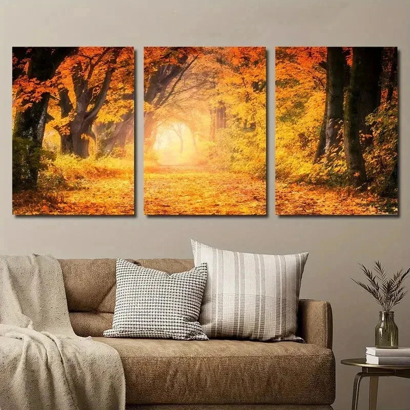 3pcs Autumn Forest Sunset Vibrant Yellow Leaves Metal Print Ready to Hang Art