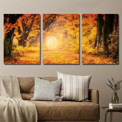 3pcs Autumn Forest Sunset Vibrant Yellow Leaves Metal Print Ready to Hang Art