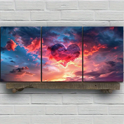 3pcs Heart-Shaped Cloud Romantic Sunset Sky Metal Print Ready to Hang Art
