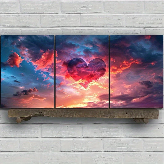 3pcs Heart-Shaped Cloud Romantic Sunset Sky Metal Print Ready to Hang Art