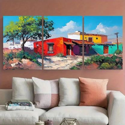 3pcs Colorful House Mexican Cityscape View Metal Print Ready to Hang Art