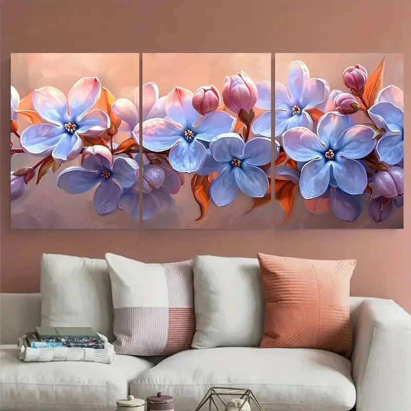 3pcs Vibrant Lilac Blossom Floral Illustration Metal Print Ready to Hang Art