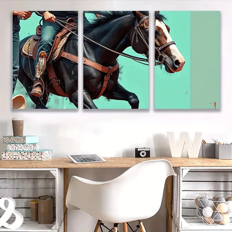 3pcs Western Cowboy on Horseback ART Wall Art Set Canvas Framed 50x70cm - High Quality Print 100% Australian Made Wall Canvas Ready to Hang