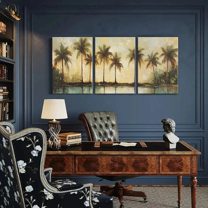 3pcs Tropical Palm Trees Sunset Reflection Metal Print Ready to Hang Art