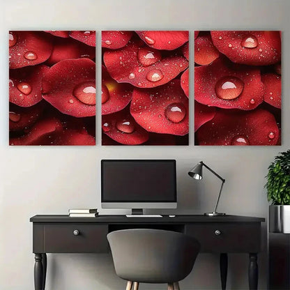 3pcs Macro Photography of Raindrops on Rose Petals Metal Print Ready to Hang Art