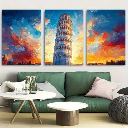 3pcs Leaning Tower of Pisa Design Metal Print Ready to Hang Art