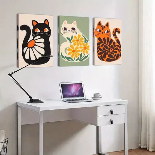 3pcs Boho Wall Art Cute Cats Artwork Plant Canvas Framed 60x90cm - High Quality Print 100% Australian Made Wall Canvas Ready to Hang
