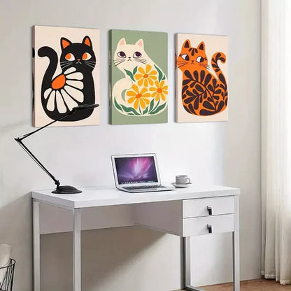 3pcs Boho Wall Art Cute Cats Artwork Plant Canvas Framed 60x90cm - High Quality Print 100% Australian Made Wall Canvas Ready to Hang