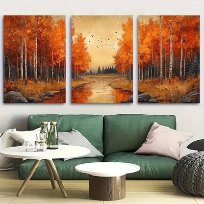 3pcs Vibrant Fall Foliage Serene River & Birds Metal Print Ready to Hang Art