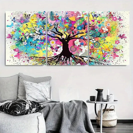 3pcs Nature Tree with Butterflies and Flowers Metal Print Ready to Hang Art