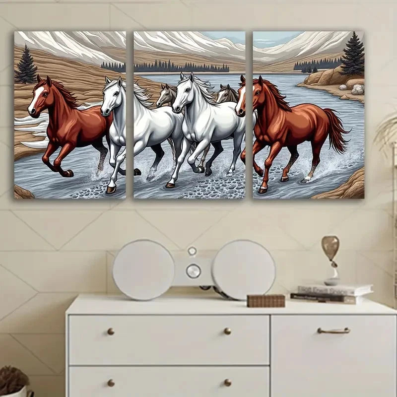3pcs Dynamic Running Horses In A River Poster Wall Art Set Canvas Framed 50x70cm - High Quality Print 100% Australian Made Wall Canvas Ready to Hang