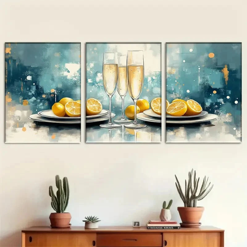 3pcs Abstract Lemon And Champagne Trio Metal Print Ready to Hang Art
