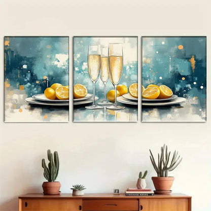 3pcs Abstract Lemon And Champagne Trio Metal Print Ready to Hang Art
