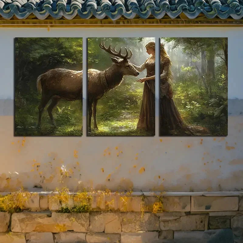 3pcs Girl holding a Deer in the Forest Metal Print Ready to Hang Art