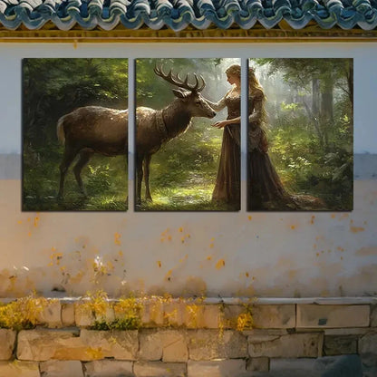 3pcs Girl holding a Deer in the Forest Metal Print Ready to Hang Art
