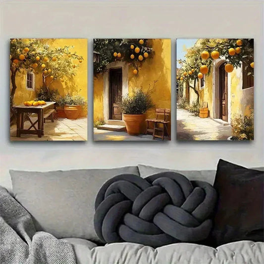 3pcs Rustic Mediterranean Orange Tree Metal Print Ready to Hang Art