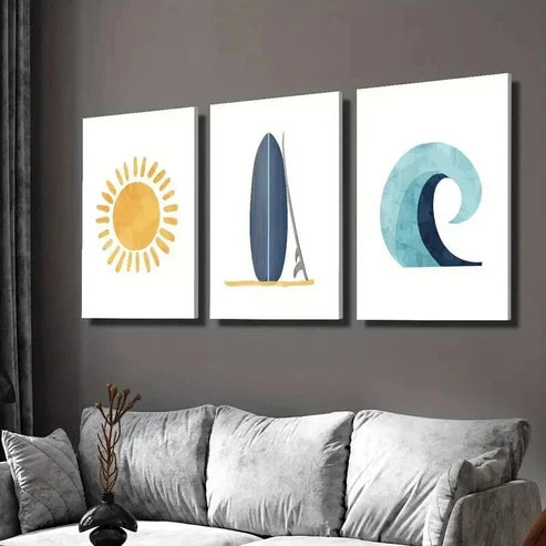 3pcs Sunshine Doodle Blue Surfboard & Wave  Art Set Canvas Unframed - High Quality Print 100% Australian Made Wall Canvas