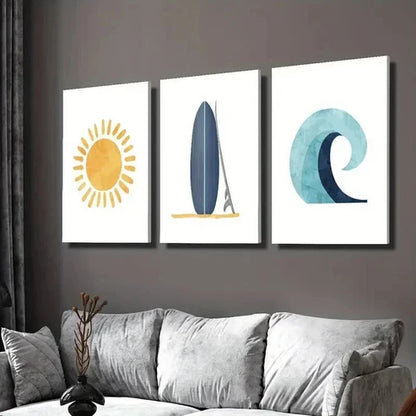 3pcs Sunshine Doodle Blue Surfboard & Wave  Art Set Canvas Unframed - High Quality Print 100% Australian Made Wall Canvas
